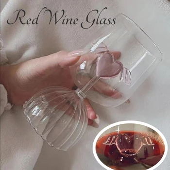 300ml Kūrybos Raudono Vyno Stiklo Rožinė Širdis Sparnus, 4 Vnt. Nustatyti Kokteilis Stiklo Taurės Goblet Šampanas Merginos, Moterys Šalis Romantiška