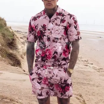 3D Spausdinimo Modelis Vasaros Vyrų Kostiumas Tendencija Šortai Paplūdimio Kostiumas Atvartas trumpomis Rankovėmis Megztinis Rožinės Kelnės + Marškiniai 2 Gabalas Negabaritinių