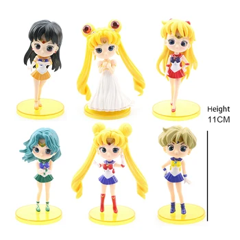 6pcs 11cm Anime Sailor Moon Tsukino Veiksmų Skaičius, Žaislas, Lėlė Graži Mergina Karių Pyragas Apdaila Rinkimo Modelio Papuošalus