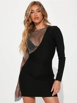 Aukščiausios Kokybės Moterų Žiemos Seksualus Ilgomis Rankovėmis Gazas Juoda Mini Bodycon Tvarstis Suknelė 2022 Elegantiškas Blizgančių Vakarą Klubo Šalis Suknelė