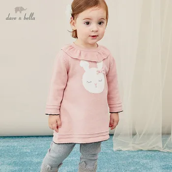 DBH14437 dave bella rudenį baby girl mielas lankas animacinių filmų megztinis suknelė vaikų mados šalis suknelė vaikams kūdikiams lolita drabužiai
