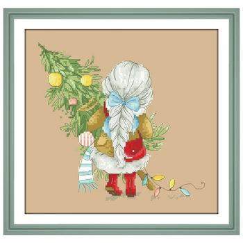 Dreampattern Mergina hugging kalėdų eglutė kryželiu rinkinys, X-mas modelio dizainas 18ct 14ct 11ct lino linų spalvos drobė siuvinėjimui