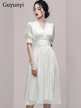 Elegantiškas Šalis Suknelė 2022 M. Vasarą prancūzijos Balta Organza V-Kaklo Sluoksniuotos Rankovėmis Aukštos Juosmens Raukšlės Temperamentas Moterų Suknelės