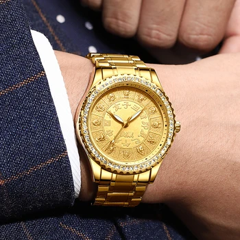 FNGEEN Prabangos Prekės ženklo Vyrai Žiūrėti Mados Autentiškas Laikrodžiai Kvarco Pilnas Aukso, Deimantų Atveju Šviesos Vandeniui Zodiako Dial Reloj S777