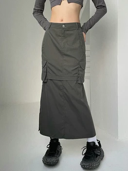 HEZIOWYUN Moteris Ilgai Estetinės Krovinių y2k 2000-ųjų Harajuku Vintage Sijonas Mažas Juosmens vientisos Spalvos Vasaros Ponios Kelnės su Kišenėmis