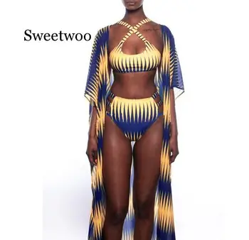 Mados Spausdinti Bikini 3PCS moteris seksuali Afrikos Paplūdimio Rankšluosčiai Moteris Nustatyti Plaukti Maudymosi Kostiumą Moterų maudymosi Kostiumėliai, su Dangčiu Iki