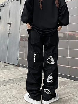 Moterų Džinsus, Negabaritinių Gotikos Kaukoles Grafinis Aukšto Juosmens Estetinės korėjos Mados Kelnės Y2k Streetwear 90s Džinsinio audinio Kelnės Drabužiai