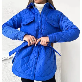 Mėlyna Prarasti Šiltas Argyle Parko Moterų Negabaritinių Dygsniuotas Apsiaustai su Medvilnės Diržas Kamšalu Žiemos Puffer Jacket Lady Negabaritinių Kailis
