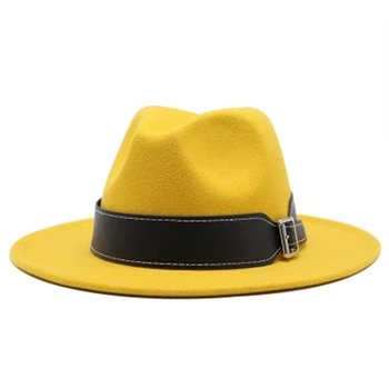 Naujas stilius 61cm vilnonių skrybėlę rudens ir žiemos ponios vientisos spalvos fedora skrybėlę pora butas briauna didelis kraštų džiazo top hat