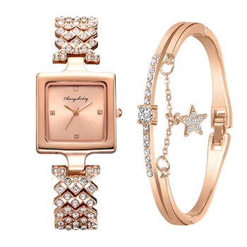 Neue 2 stücke Nustatyti Aukso Uhr grynas prabanga Frauen Režimas Damen Quarz Diamant Armbanduhr Elegante Weibliche Raištį Uhren Reloj Mujer