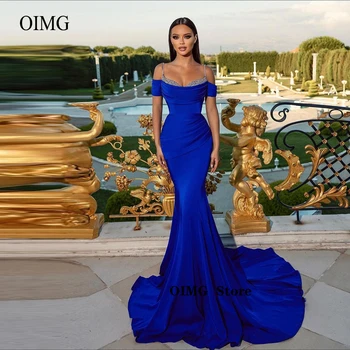 OIMG Royal Blue Undinė Satino Vakaro Suknelės Spagečiai Dirželiai Blizga China Brangioji Valymo Traukinio Prom Chalatai Oficialų Šalis Suknelė