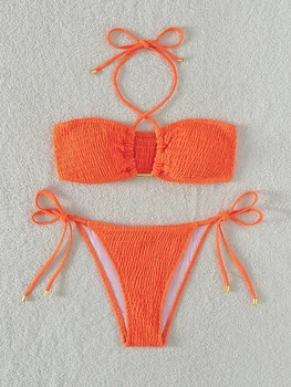 Paprastas Smocked Pusėje Kaklaraištis Bikini 2022 maudymosi kostiumėlį ce maudymosi Kostiumėliai Bandeau Bikini Komplektas Paplūdimio Vasaros Maudymosi Kostiumas