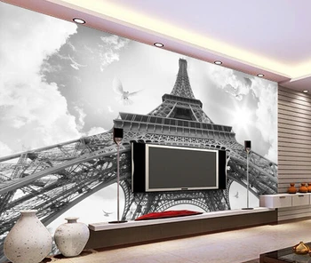 Pasirinktinius nuotraukų foną, juoda ir balta, Eifelio Bokštas freskomis sėdint kambaryje kambarį TELEVIZIJOS sienos tapetai interjero