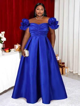 Plus Size Elegantiška Mėlyna Linija Suknelė Off Peties Pynimas Gėlių Rūbeliai Ruched Aukšto Juosmens Stebėjimo Flowy Vakarą Vestuvių Suknelė 4XL