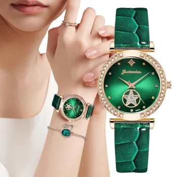 Prabanga Moterų Mados 2022 Žaliosios Laikrodžiai Savybės, Deimantų Dygliuotos Kvarco Žiūrėti Ponios Odos Laikrodžius Elegantiškas Montre Femme