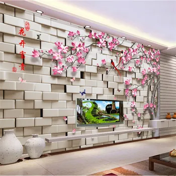 Pritaikyti bet kokio dydžio 3D žiedų gausu medžių, gėlių ir paukščių, gyvenančių kambaryje sofa-lova, TV foną, sienos, sienų apdaila, tapetai