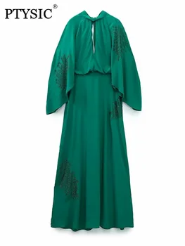 PTYSIC Moterų Mados Žalia Ilgai Blizga Suknelė Aukštu Kaklu ilgomis Rankovėmis Siuvinėjimas Su kalnų krištolas Elastinga Juosmens Suknelės