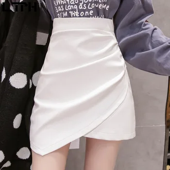 Specialios pardavimo korėjos mados Asimetriškas sijonas PU odos Raukšlės Padalinta Aukšto Juosmens Paketo Klubo Balta moterų sijonai Nemokamas pristatymas
