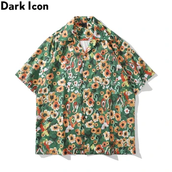 Tamsiai Piktogramą Visą Spausdinimo Žalia Havajų Marškinėliai Vyrams, Moterims Vasaros Plonos Medžiagos Derliaus Gatvės vyriški Marškiniai