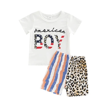 Vaikas Berniukas Trumpas Kelnes Komplektus, Trumpomis Rankovėmis Laišką Atspausdintas T-Shirt + Stripe Leopard Kratinys Šortai Rinkinys
